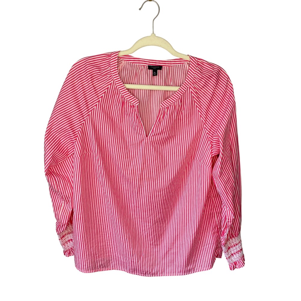 Talbots‎ Petite Pink White Striped Smocked Cuff Popover Blouse MP